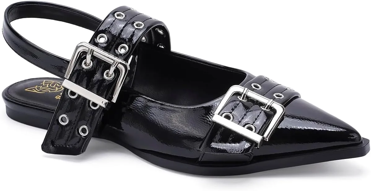 Women's Slingback Flats Studded Buckle Straps Flats Slip-On Slides Pointed Toe Flats Adjustable Strap Sandals Dressy Shoes