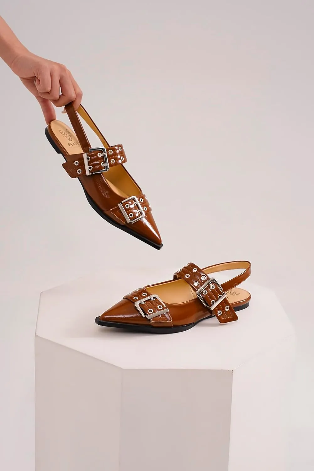 Women's Slingback Flats Studded Buckle Straps Flats Slip-On Slides Pointed Toe Flats Adjustable Strap Sandals Dressy Shoes