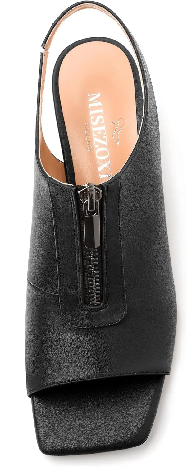Womens Slingback Pumps, Square Peep Toe Mid Chunky Heel Pumps for Women, Open Toe Backless Pumps with Front Zipper 2