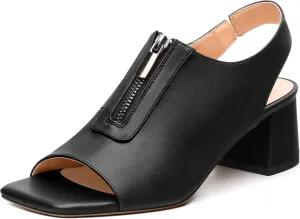 Womens Slingback Pumps, Square Peep Toe Mid Chunky Heel Pumps for Women, Open Toe Backless Pumps with Front Zipper 2