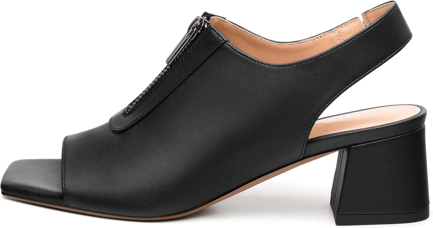 Womens Slingback Pumps, Square Peep Toe Mid Chunky Heel Pumps for Women, Open Toe Backless Pumps with Front Zipper 2