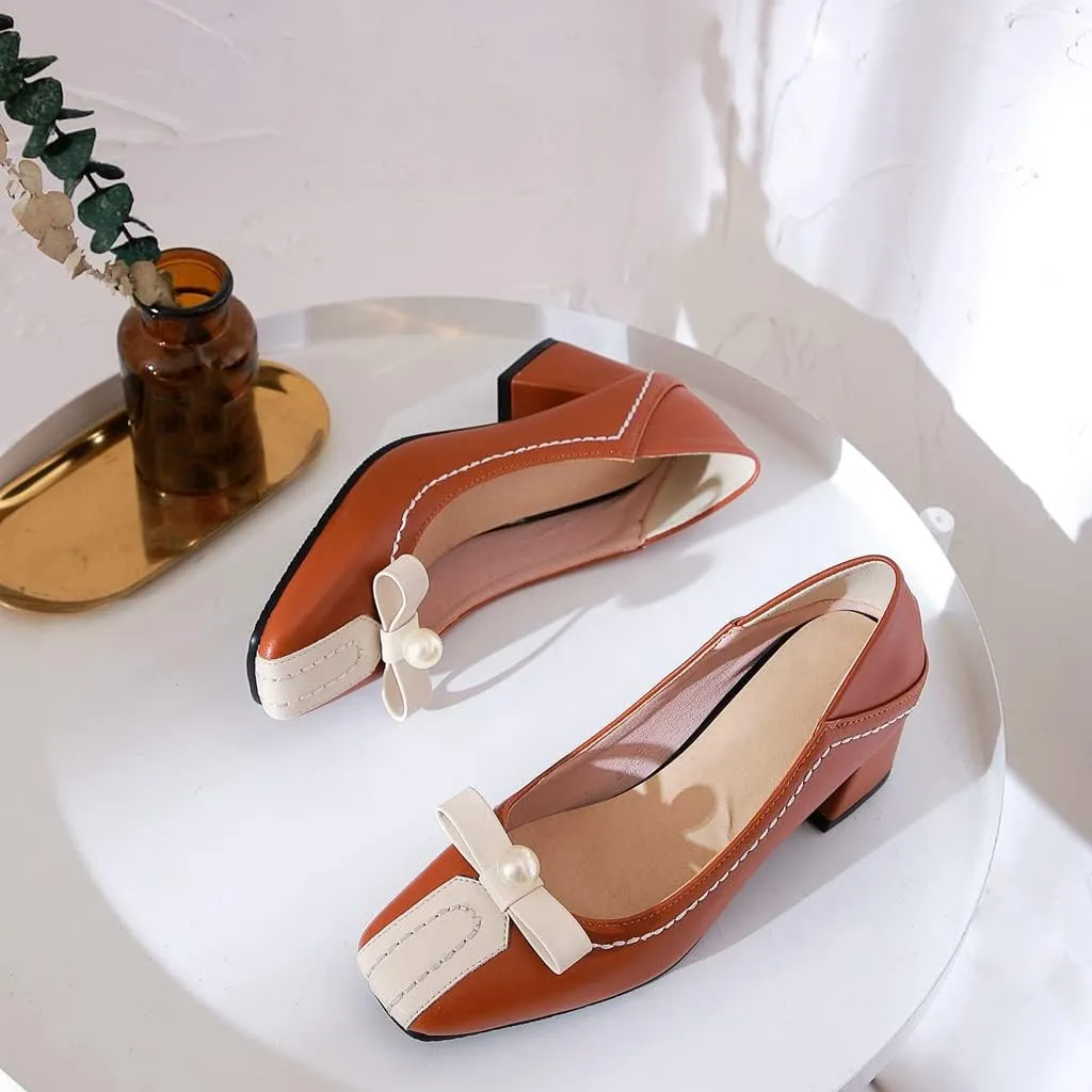 Women's Square Toe Bow Slip On Loafers Pumps Two Toned Chunky Block Mid Heels Office Dress Shoes