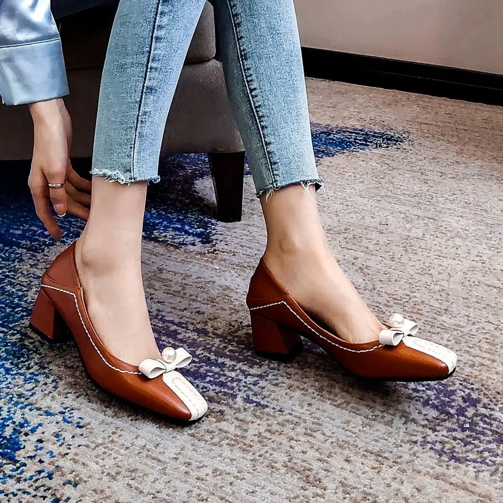 Women's Square Toe Bow Slip On Loafers Pumps Two Toned Chunky Block Mid Heels Office Dress Shoes