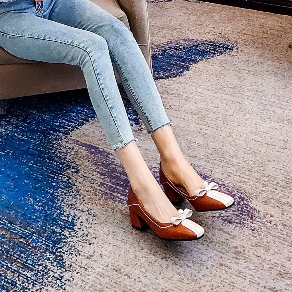 Women's Square Toe Bow Slip On Loafers Pumps Two Toned Chunky Block Mid Heels Office Dress Shoes