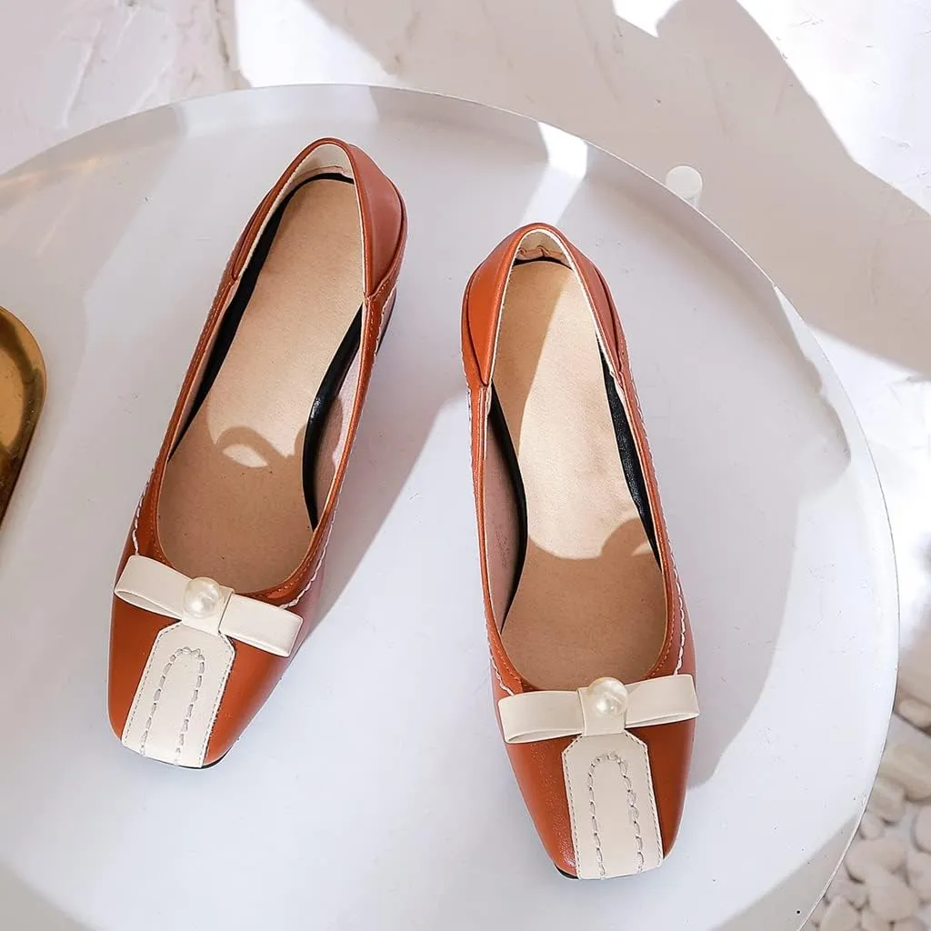 Women's Square Toe Bow Slip On Loafers Pumps Two Toned Chunky Block Mid Heels Office Dress Shoes