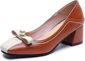 Women's Square Toe Bow Slip On Loafers Pumps Two Toned Chunky Block Mid Heels Office Dress Shoes