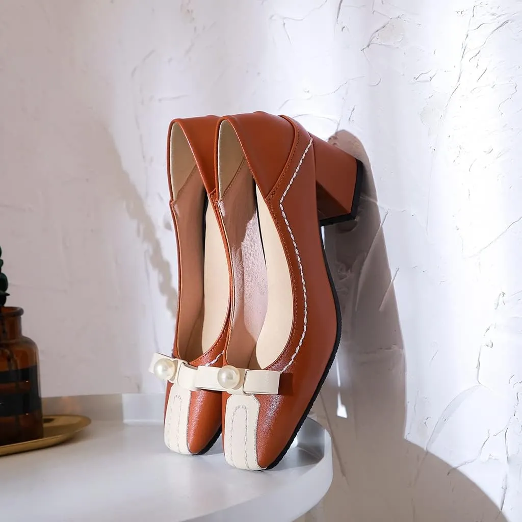 Women's Square Toe Bow Slip On Loafers Pumps Two Toned Chunky Block Mid Heels Office Dress Shoes