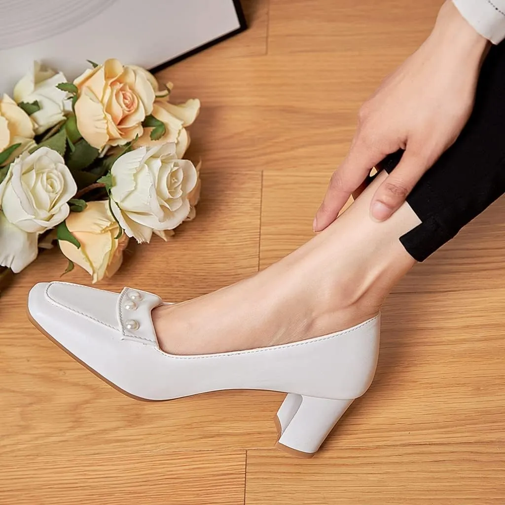 Women's Square Toe Pearls Slip On Loafers Pumps Chunky Block Mid Heels Work Office Pump Dress Shoes