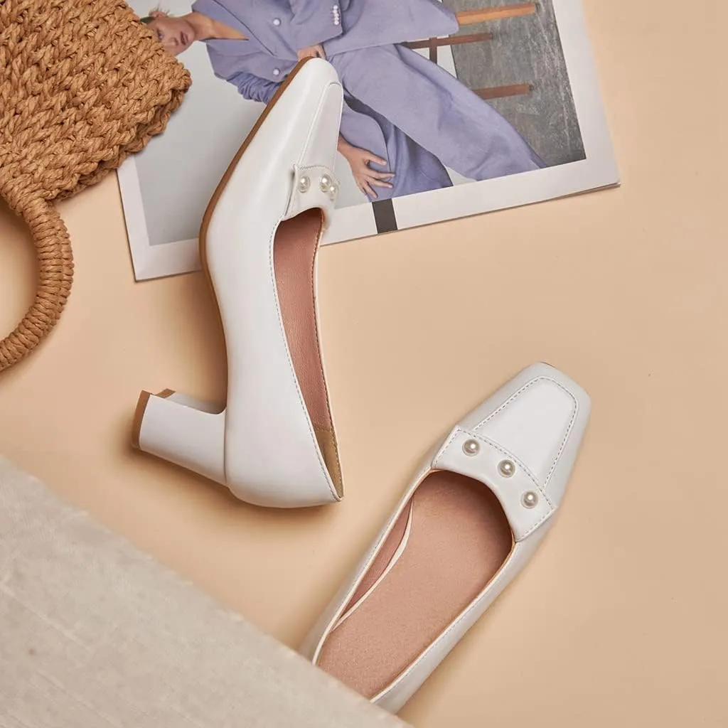 Women's Square Toe Pearls Slip On Loafers Pumps Chunky Block Mid Heels Work Office Pump Dress Shoes