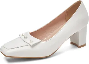 Women's Square Toe Pearls Slip On Loafers Pumps Chunky Block Mid Heels Work Office Pump Dress Shoes
