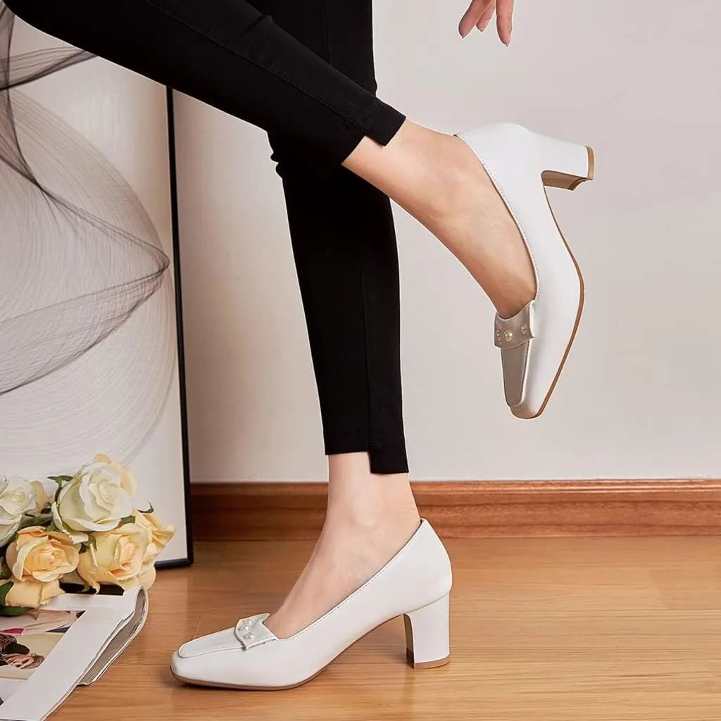 Women's Square Toe Pearls Slip On Loafers Pumps Chunky Block Mid Heels Work Office Pump Dress Shoes