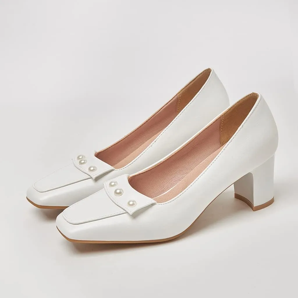 Women's Square Toe Pearls Slip On Loafers Pumps Chunky Block Mid Heels Work Office Pump Dress Shoes