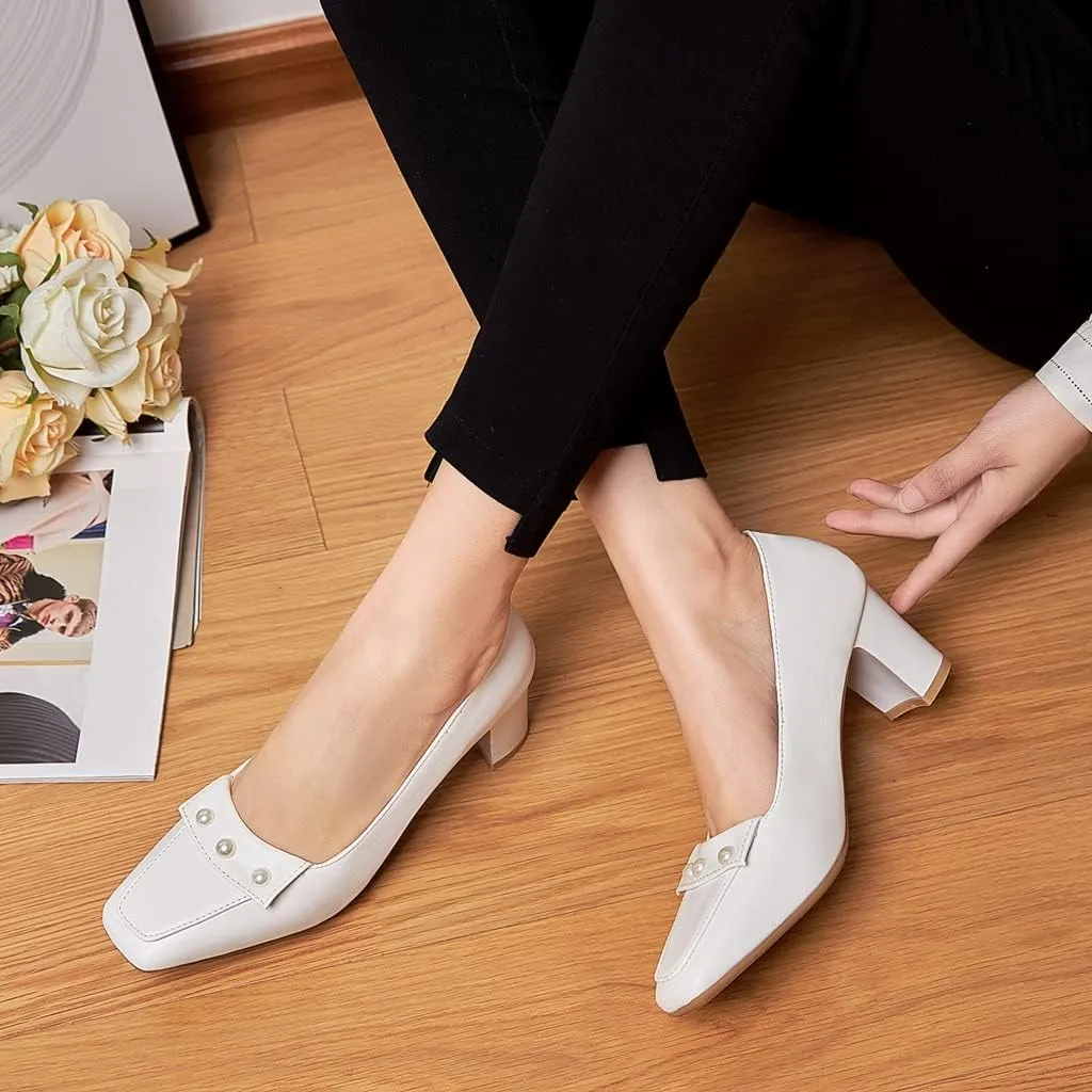 Women's Square Toe Pearls Slip On Loafers Pumps Chunky Block Mid Heels Work Office Pump Dress Shoes