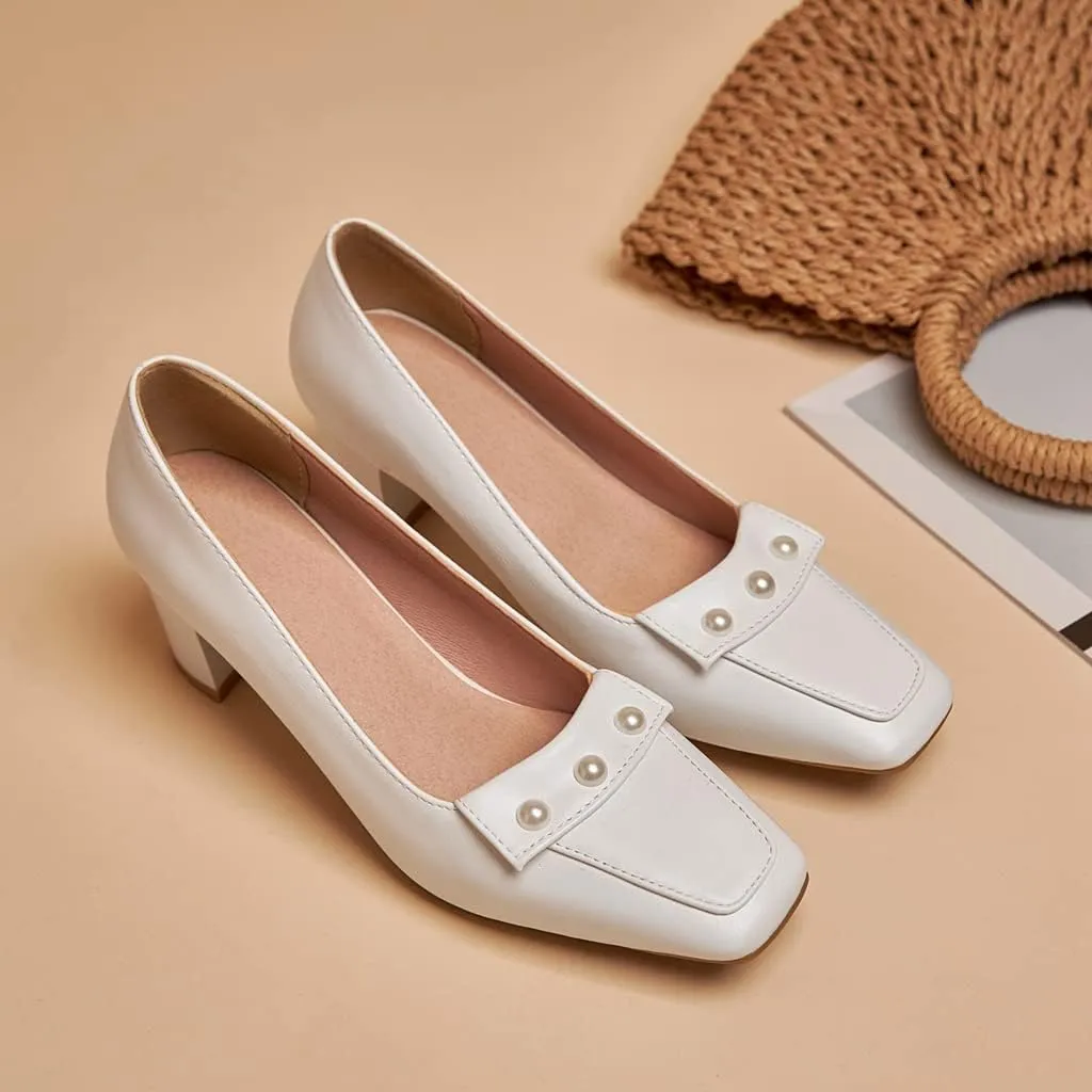 Women's Square Toe Pearls Slip On Loafers Pumps Chunky Block Mid Heels Work Office Pump Dress Shoes