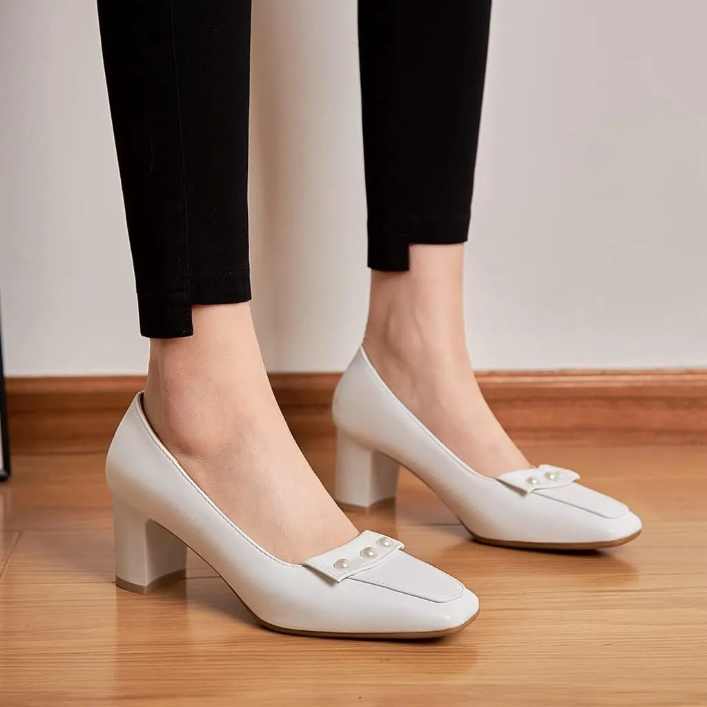 Women's Square Toe Pearls Slip On Loafers Pumps Chunky Block Mid Heels Work Office Pump Dress Shoes