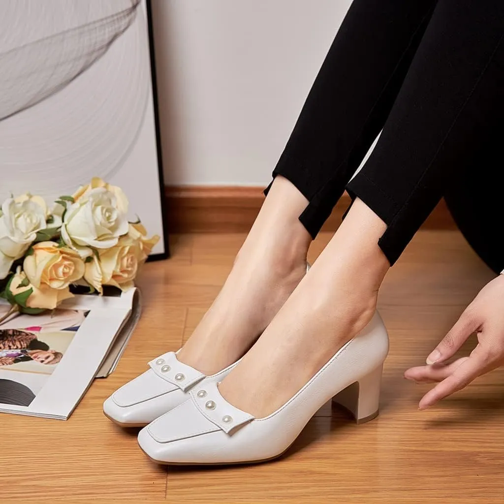 Women's Square Toe Pearls Slip On Loafers Pumps Chunky Block Mid Heels Work Office Pump Dress Shoes