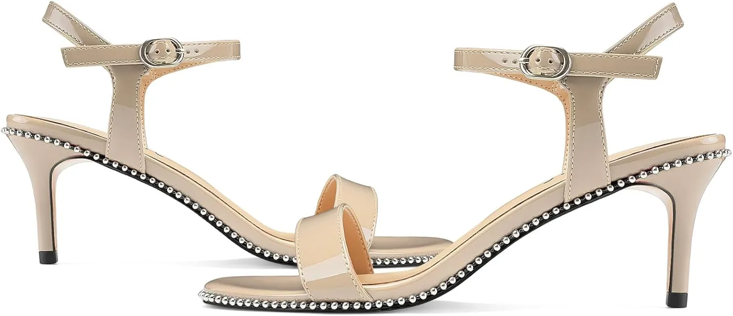 Women's Stiletto High Heels Patent Leather Heeled Sandals Beaded Kitten Heels Open Toe Shoes Dressy Studded Stilettos for Ladies Sexy