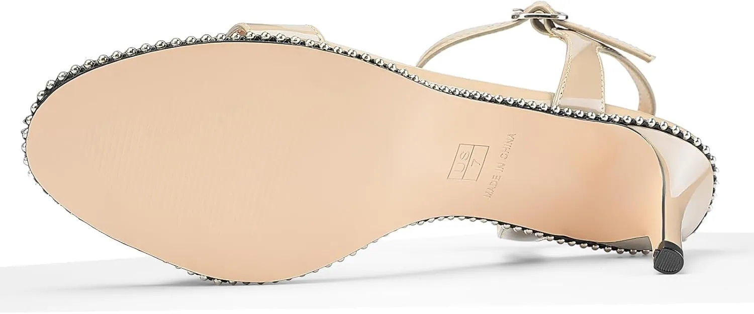 Women's Stiletto High Heels Patent Leather Heeled Sandals Beaded Kitten Heels Open Toe Shoes Dressy Studded Stilettos for Ladies Sexy