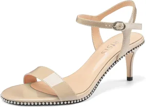 Women's Stiletto High Heels Patent Leather Heeled Sandals Beaded Kitten Heels Open Toe Shoes Dressy Studded Stilettos for Ladies Sexy