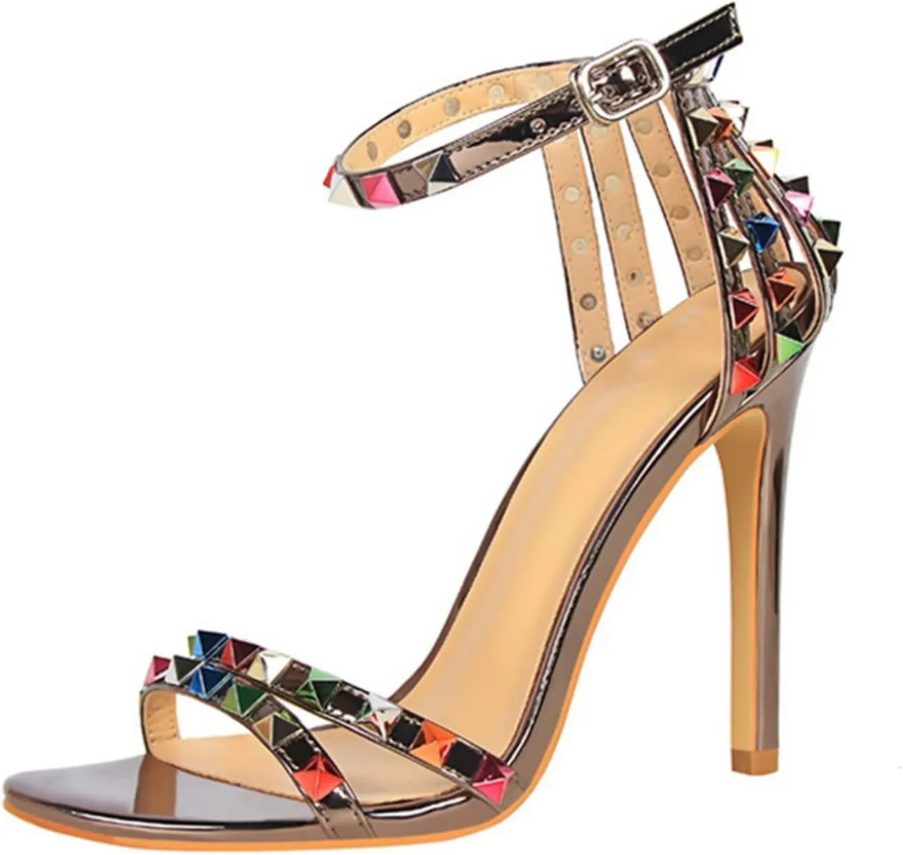 Women's Strap Colorful Rhinestones Stilettos High Heels Round Open Toe Ankle Wrap Studded Spike Sandals Sexy