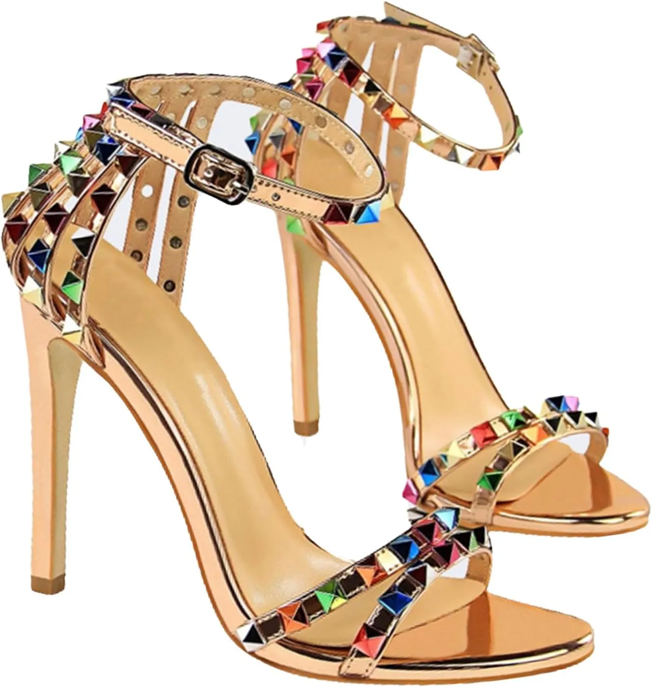 Women's Strap Colorful Rhinestones Stilettos High Heels Round Open Toe Ankle Wrap Studded Spike Sandals Sexy
