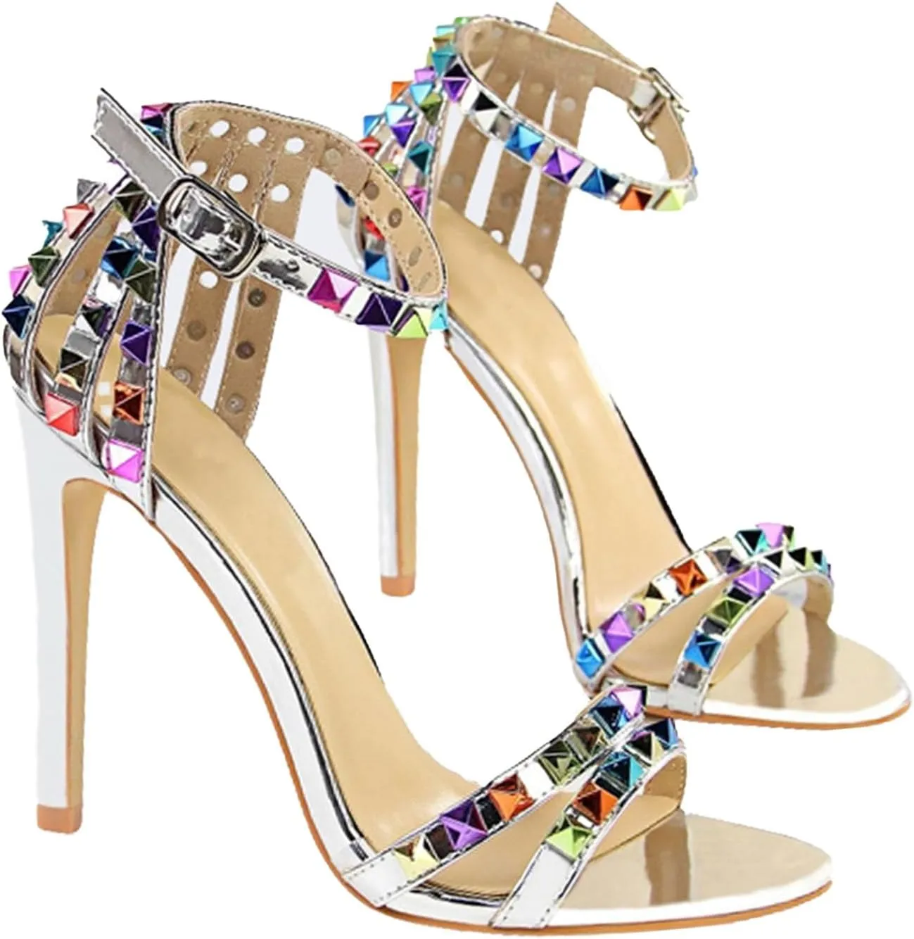Women's Strap Colorful Rhinestones Stilettos High Heels Round Open Toe Ankle Wrap Studded Spike Sandals Sexy