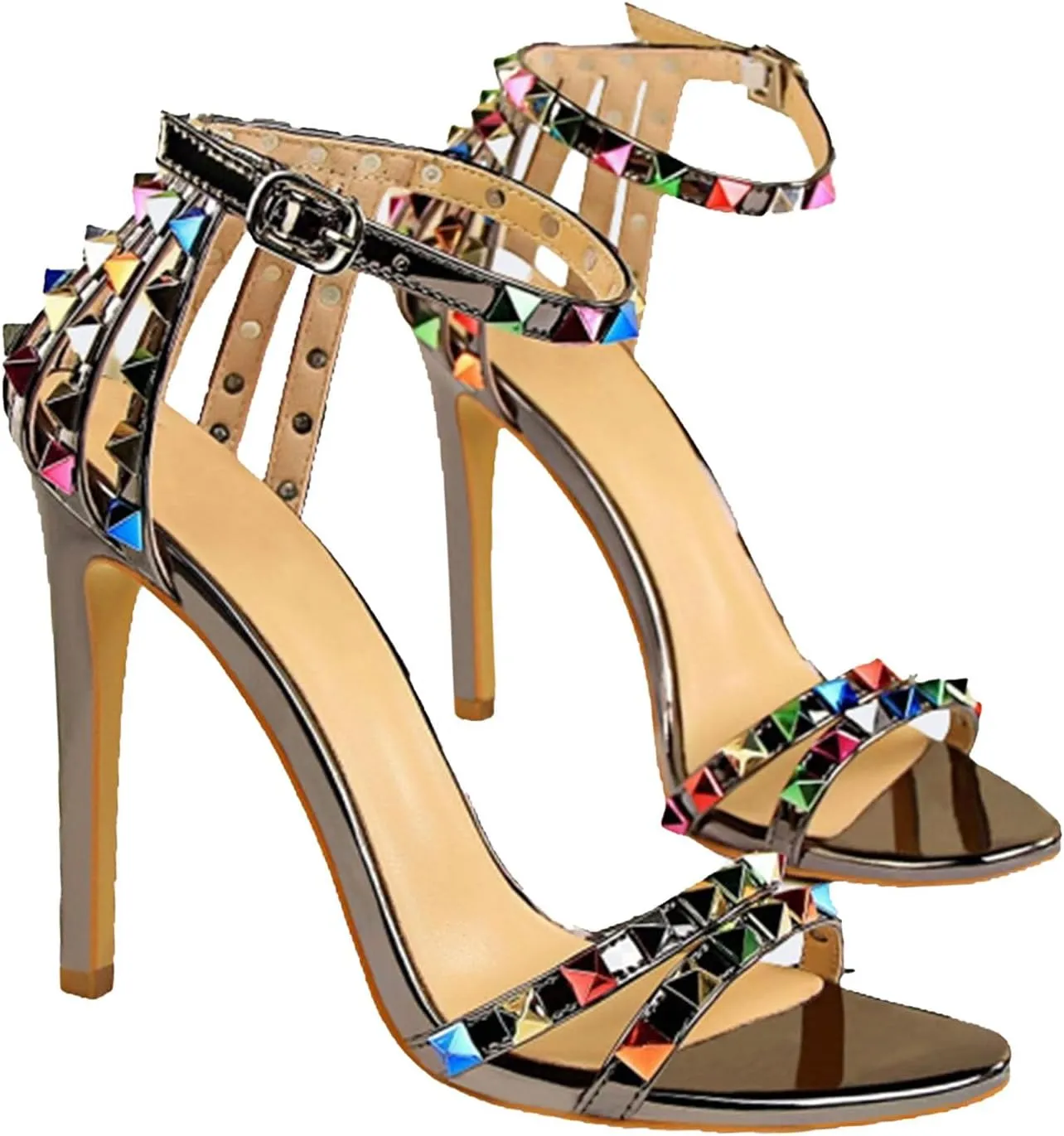 Women's Strap Colorful Rhinestones Stilettos High Heels Round Open Toe Ankle Wrap Studded Spike Sandals Sexy
