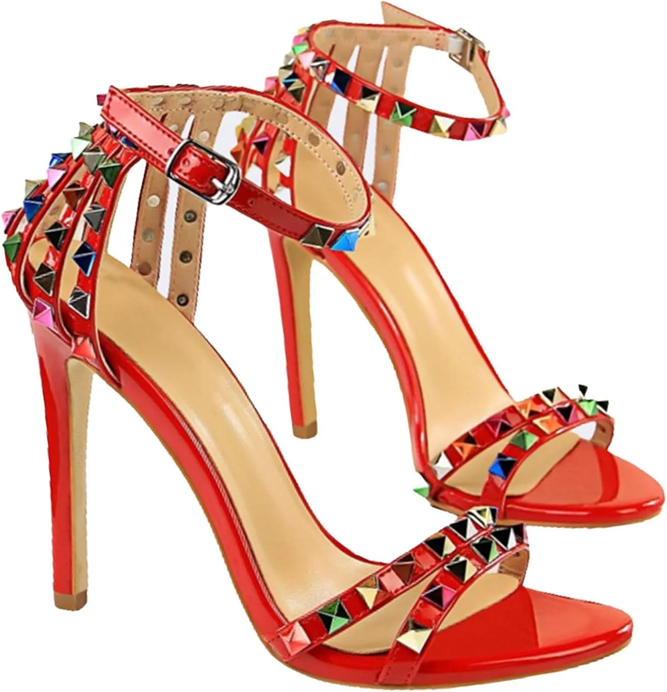 Women's Strap Colorful Rhinestones Stilettos High Heels Round Open Toe Ankle Wrap Studded Spike Sandals Sexy