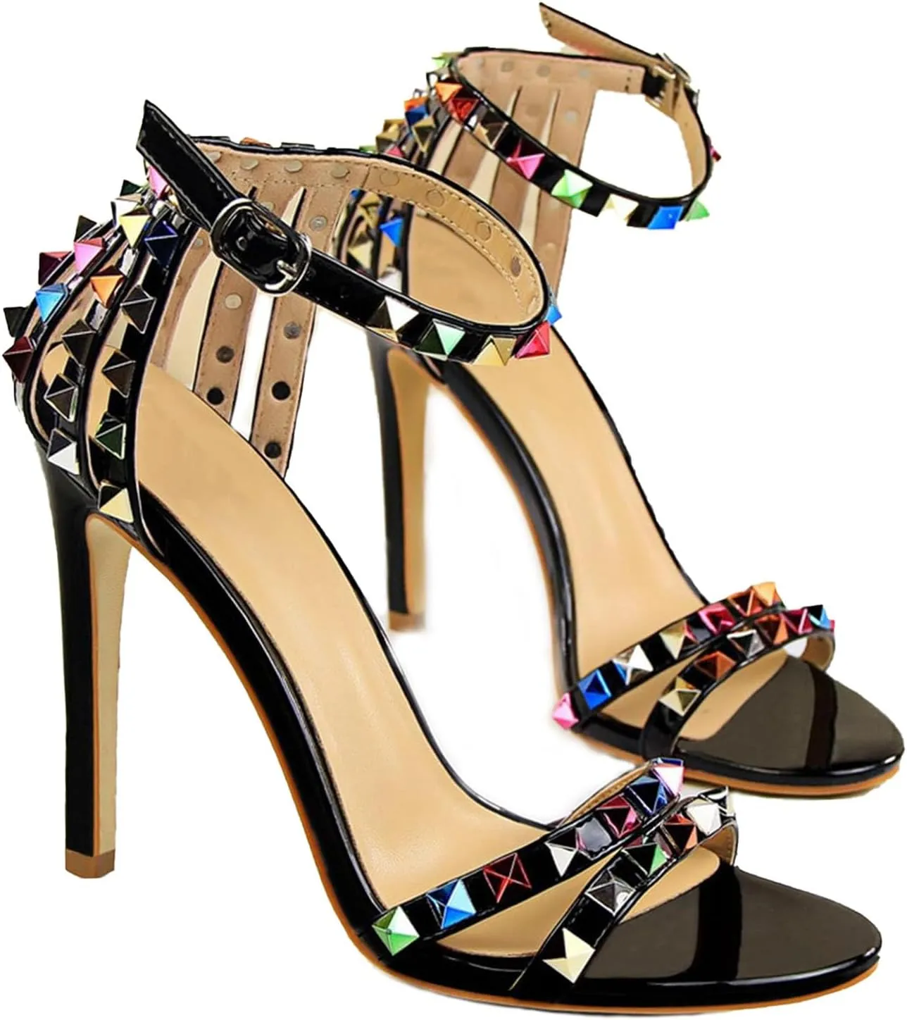 Women's Strap Colorful Rhinestones Stilettos High Heels Round Open Toe Ankle Wrap Studded Spike Sandals Sexy