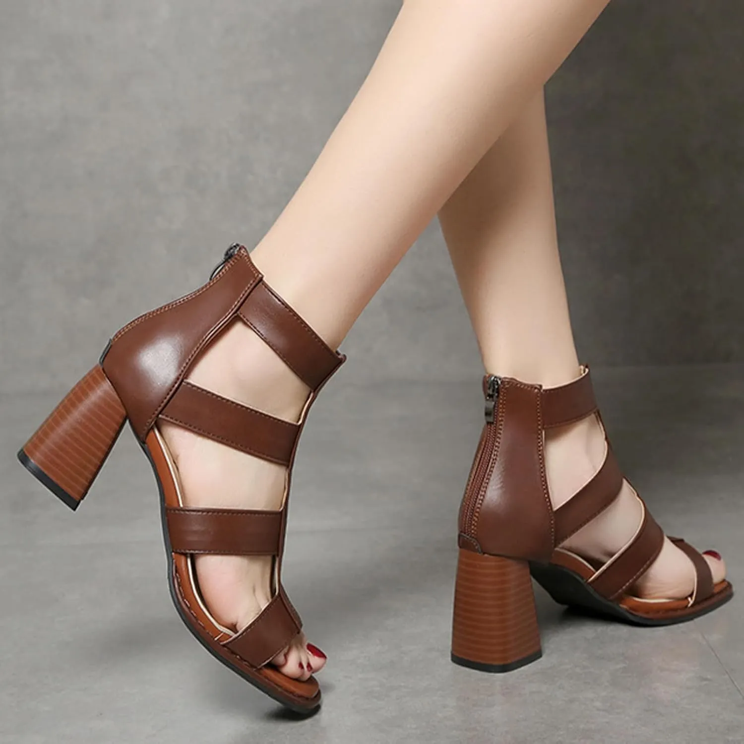 Women's Strappy Chunky Heel Roman Gladiator Sandals Comfort Open Toe Back Zipper High Top Heeled Sandals For Formal Wear Casual Party Everyday Wear