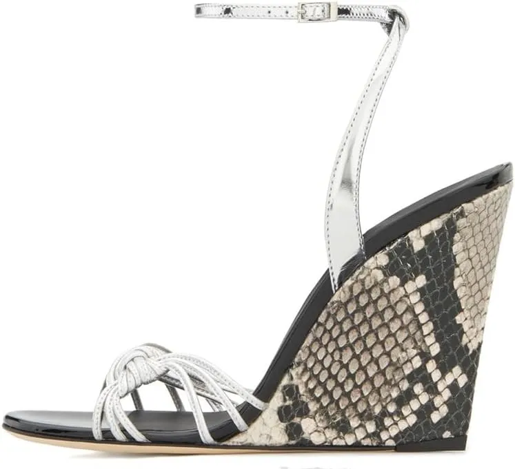 Women's Strappy Punk Wedge High Heels Sandals Adjustable Ankle Buckle Strap Open Toe Slingback Snakeskin Heel Pumps Sexy Funky