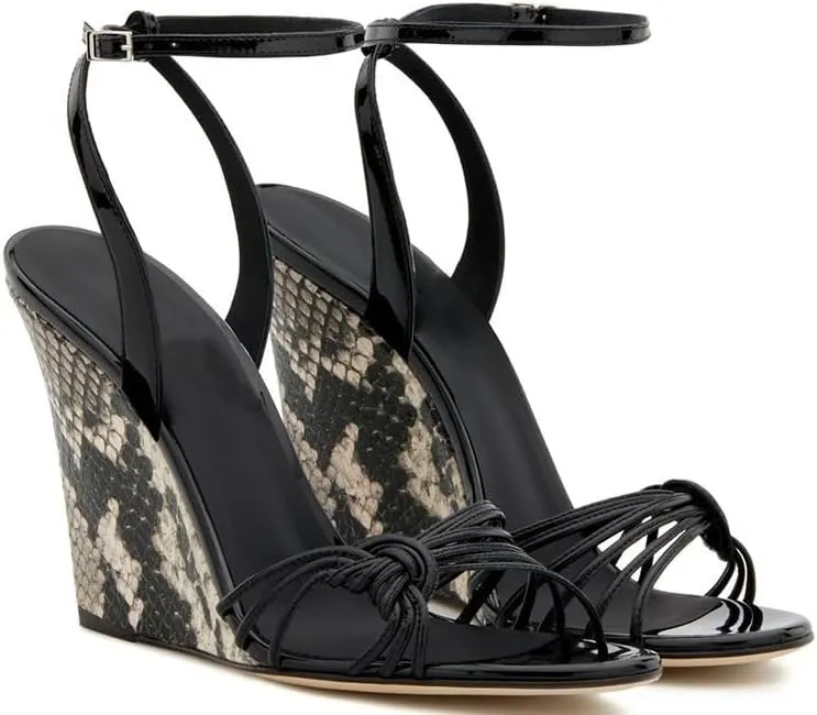 Women's Strappy Punk Wedge High Heels Sandals Adjustable Ankle Buckle Strap Open Toe Slingback Snakeskin Heel Pumps Sexy Funky