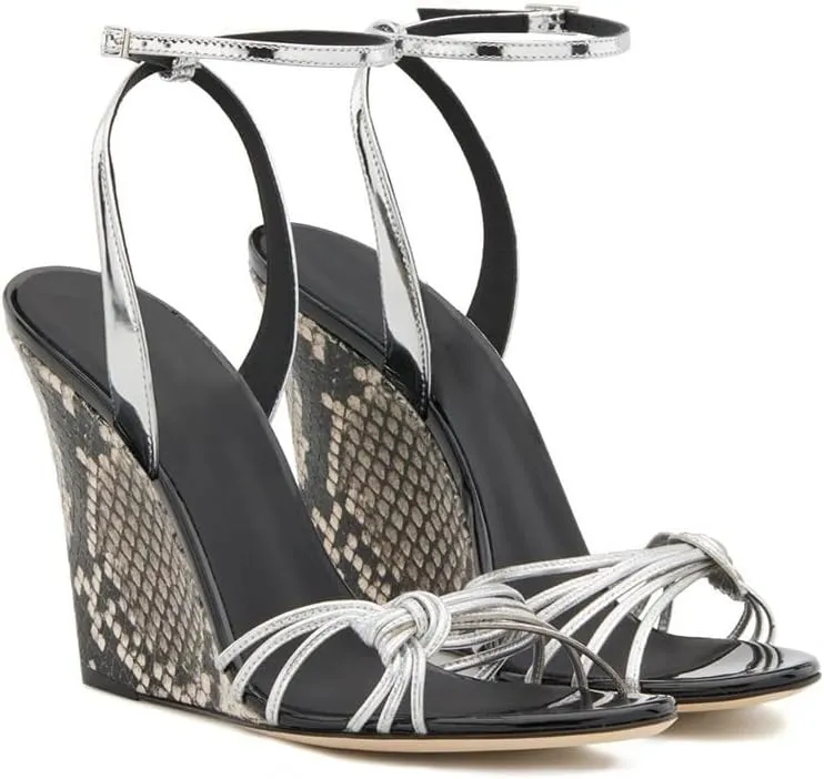 Women's Strappy Punk Wedge High Heels Sandals Adjustable Ankle Buckle Strap Open Toe Slingback Snakeskin Heel Pumps Sexy Funky