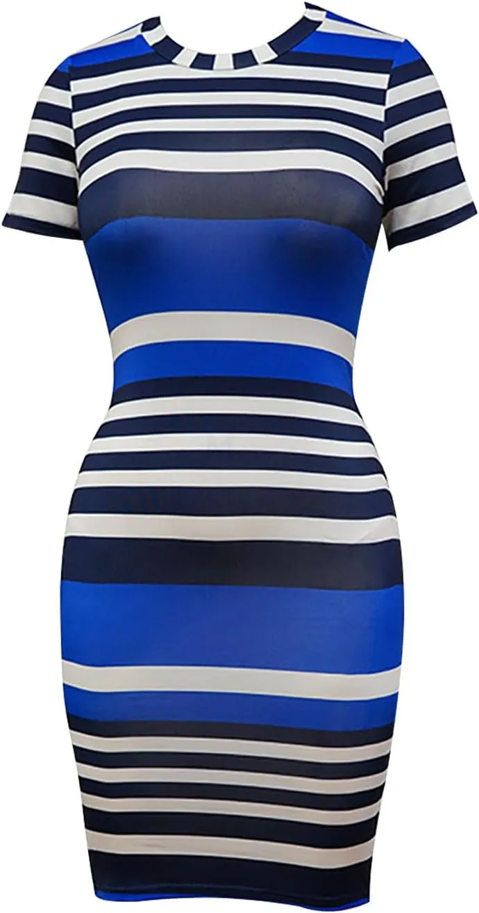 Women's Striped Short Sleeve Midi Dress Trendy Summer Casual Bodycon T-Shirt Dress Classic Crewneck Slim Fit Sundress