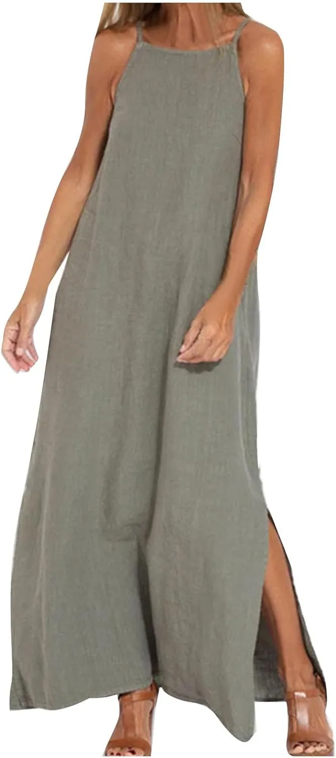 Women's Summer Cotton Linen Dress Spaghetti Strap Loose Fit Sleeveless Beach Sundress Split Flowy Maxi Long Dresses