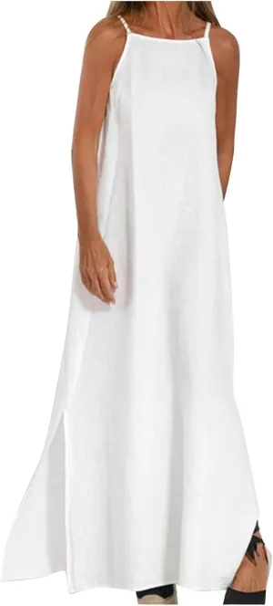 Women's Summer Cotton Linen Dress Spaghetti Strap Loose Fit Sleeveless Beach Sundress Split Flowy Maxi Long Dresses