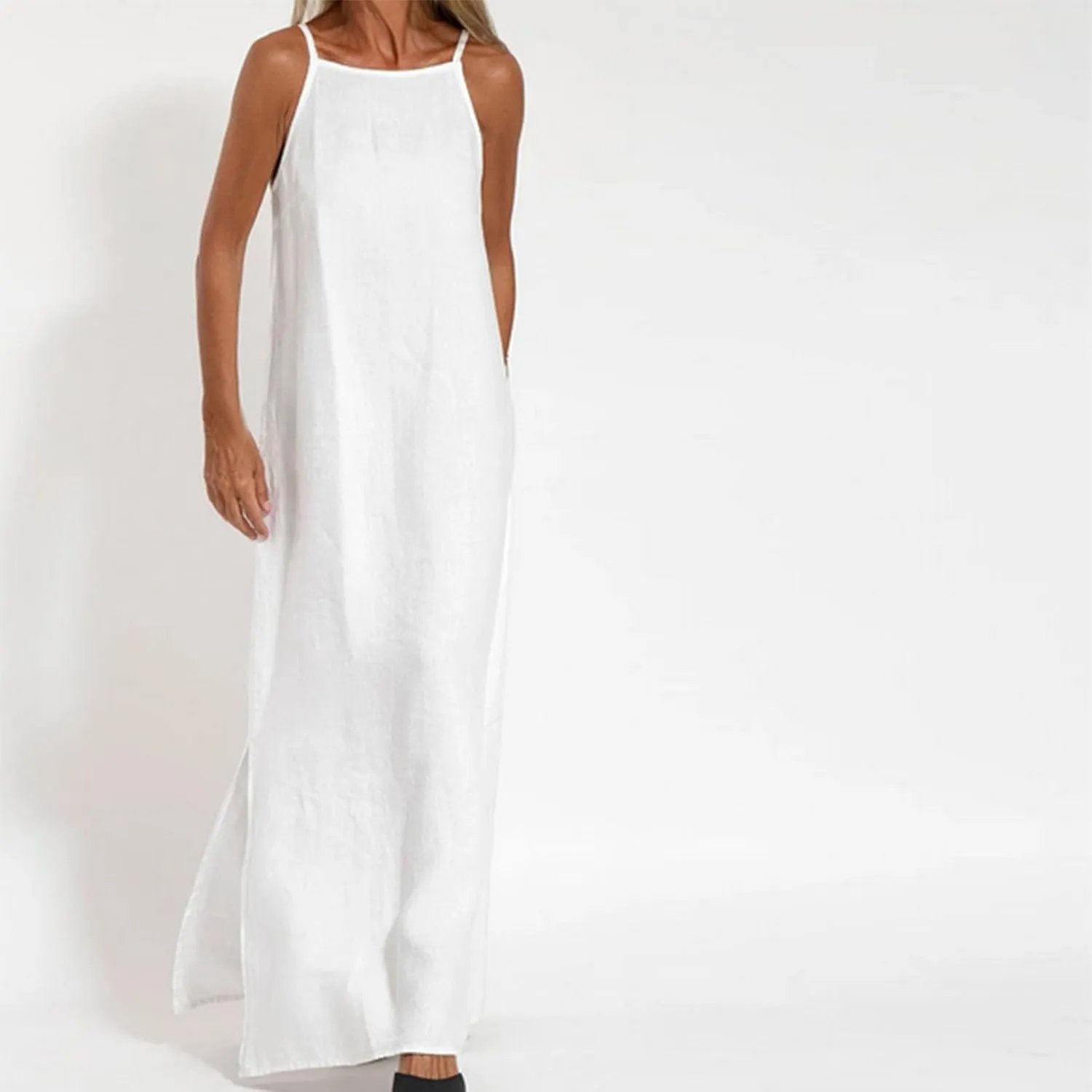 Women's Summer Cotton Linen Dress Spaghetti Strap Loose Fit Sleeveless Beach Sundress Split Flowy Maxi Long Dresses