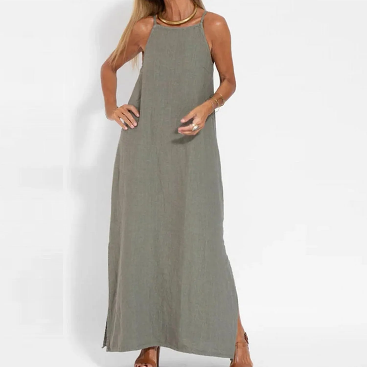 Women's Summer Cotton Linen Dress Spaghetti Strap Loose Fit Sleeveless Beach Sundress Split Flowy Maxi Long Dresses