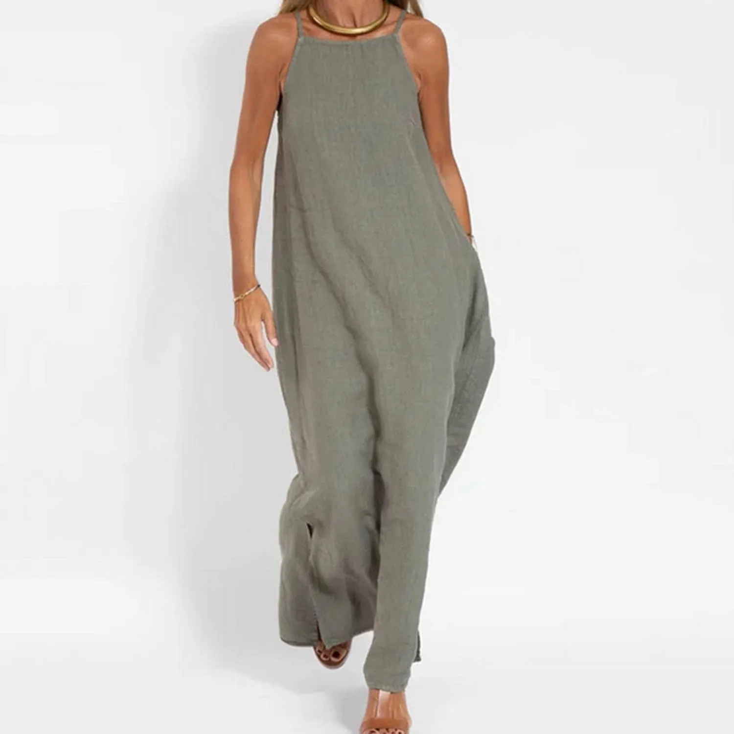 Women's Summer Cotton Linen Dress Spaghetti Strap Loose Fit Sleeveless Beach Sundress Split Flowy Maxi Long Dresses
