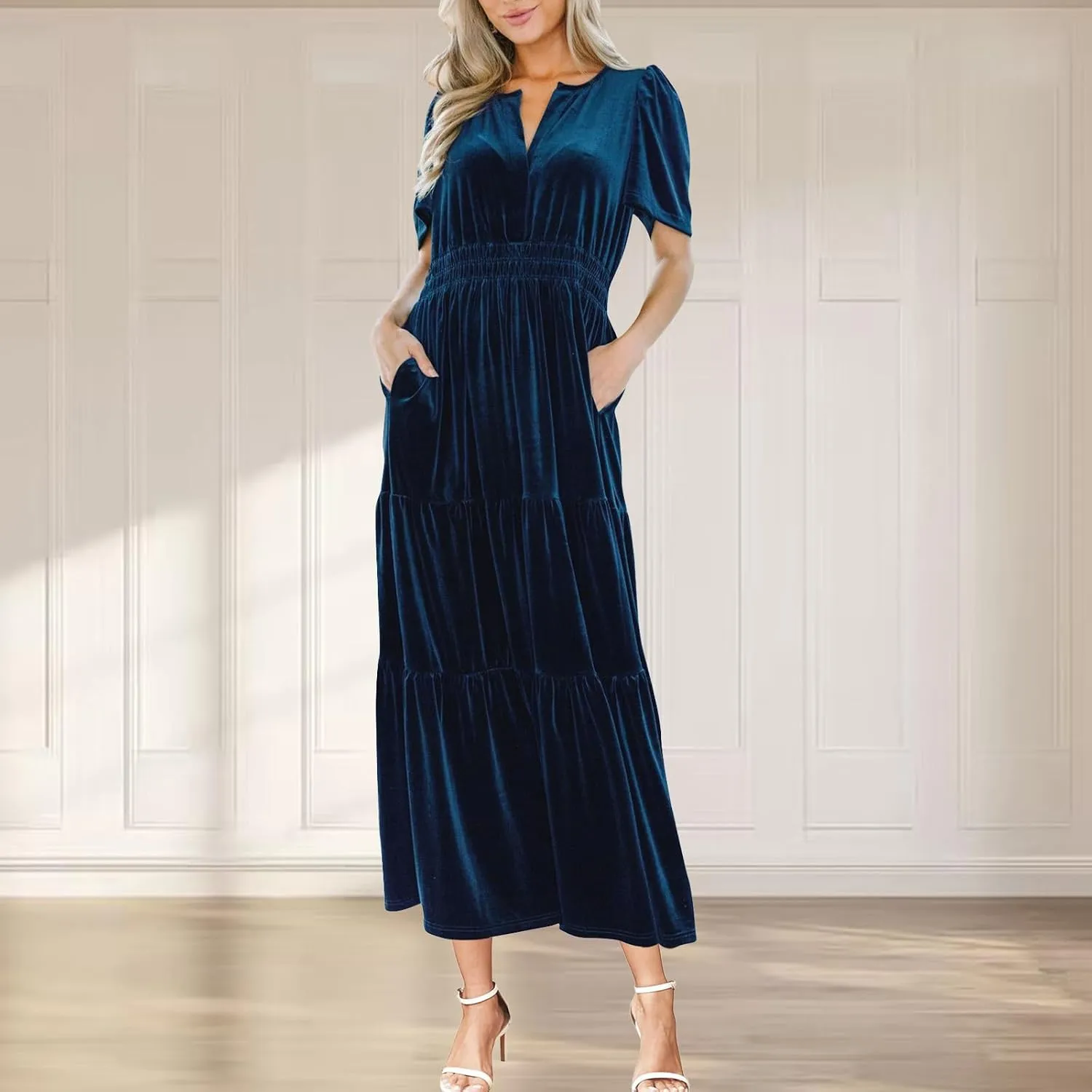 Women's Summer Vintage Velvet Dress Short Sleeve V Neck Elastic Waist Tiered Ruffle A-Line Flowy Maxi Dresses 2025