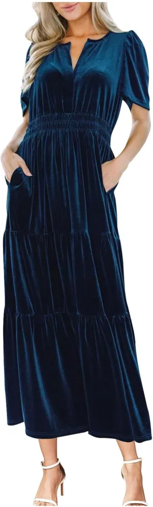 Women's Summer Vintage Velvet Dress Short Sleeve V Neck Elastic Waist Tiered Ruffle A-Line Flowy Maxi Dresses 2025