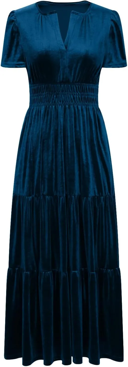 Women's Summer Vintage Velvet Dress Short Sleeve V Neck Elastic Waist Tiered Ruffle A-Line Flowy Maxi Dresses 2025