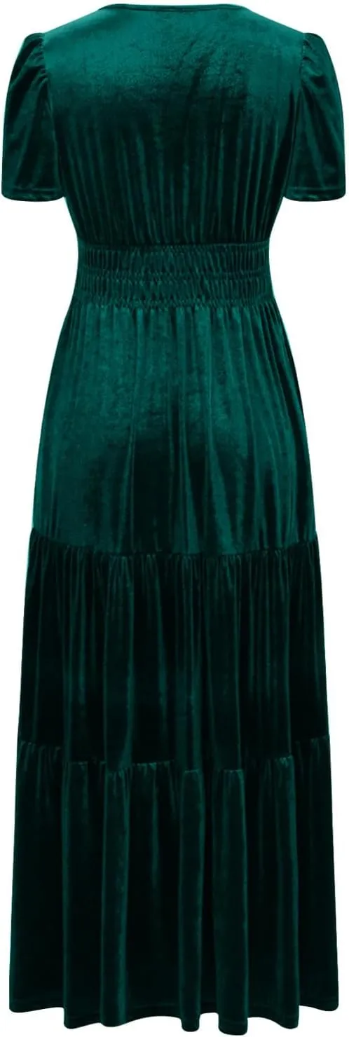 Women's Summer Vintage Velvet Dress Short Sleeve V Neck Elastic Waist Tiered Ruffle A-Line Flowy Maxi Dresses 2025