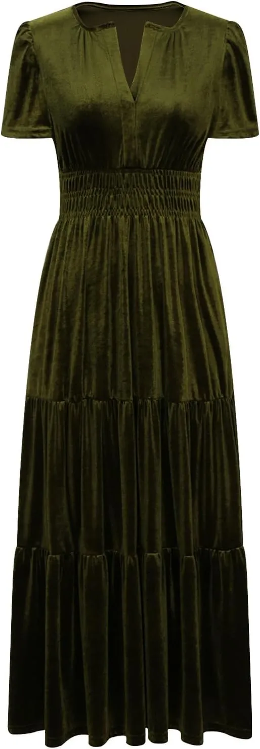 Women's Summer Vintage Velvet Dress Short Sleeve V Neck Elastic Waist Tiered Ruffle A-Line Flowy Maxi Dresses 2025