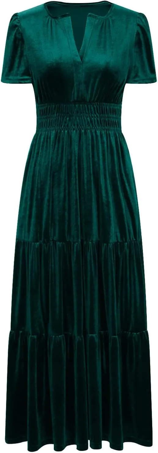 Women's Summer Vintage Velvet Dress Short Sleeve V Neck Elastic Waist Tiered Ruffle A-Line Flowy Maxi Dresses 2025