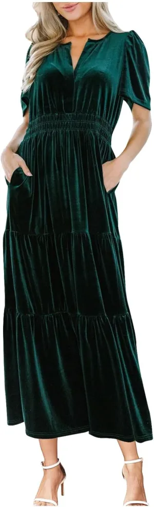Women's Summer Vintage Velvet Dress Short Sleeve V Neck Elastic Waist Tiered Ruffle A-Line Flowy Maxi Dresses 2025