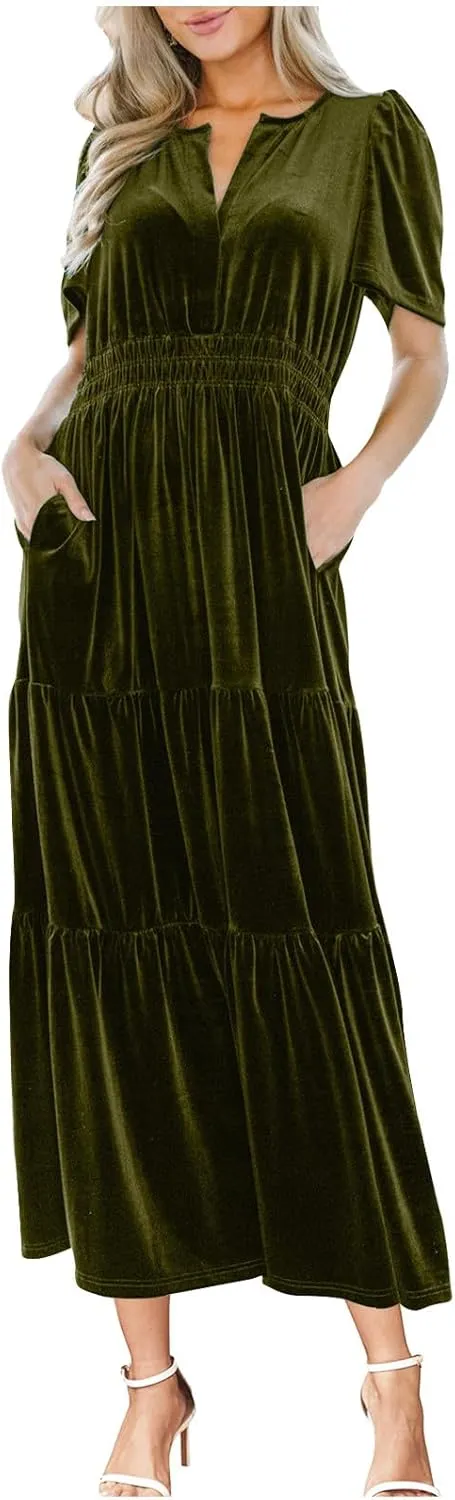 Women's Summer Vintage Velvet Dress Short Sleeve V Neck Elastic Waist Tiered Ruffle A-Line Flowy Maxi Dresses 2025