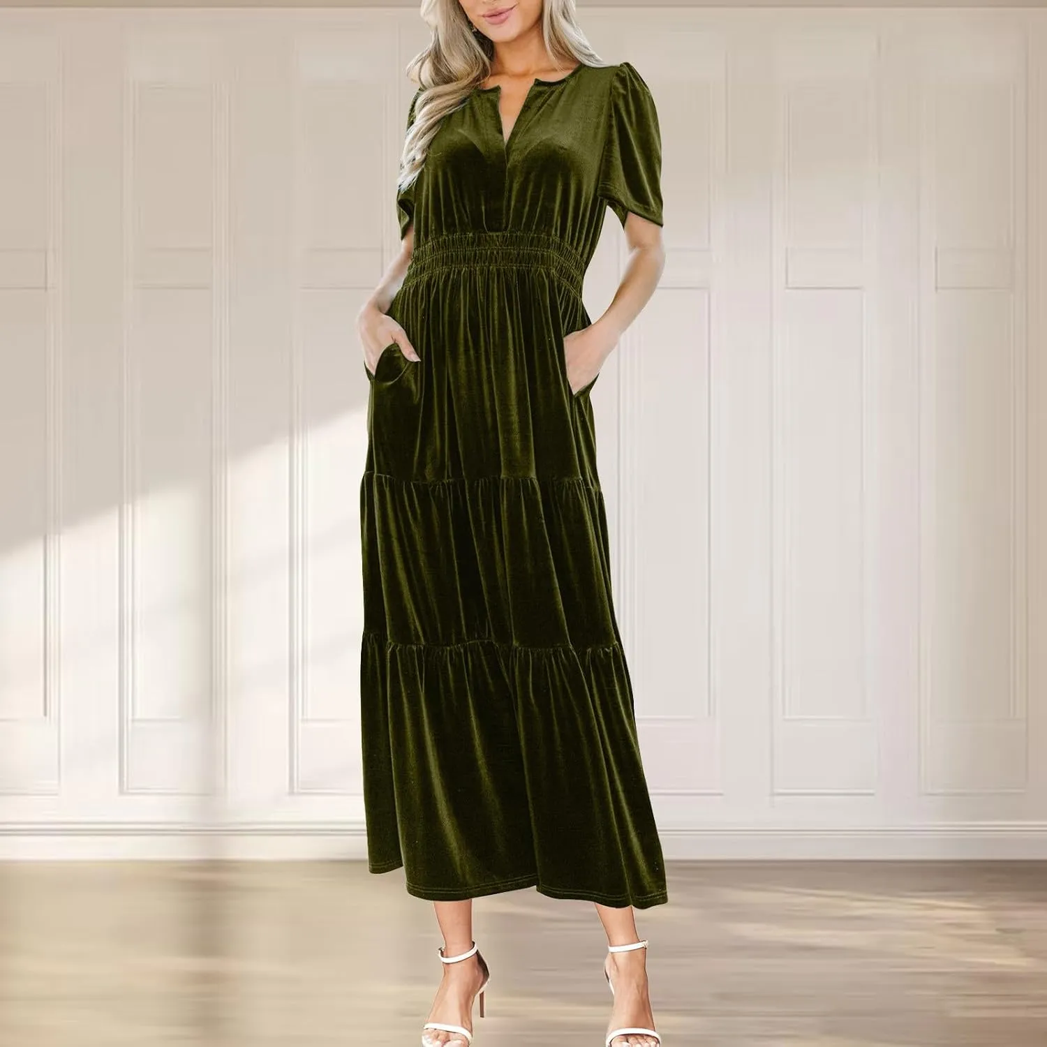 Women's Summer Vintage Velvet Dress Short Sleeve V Neck Elastic Waist Tiered Ruffle A-Line Flowy Maxi Dresses 2025
