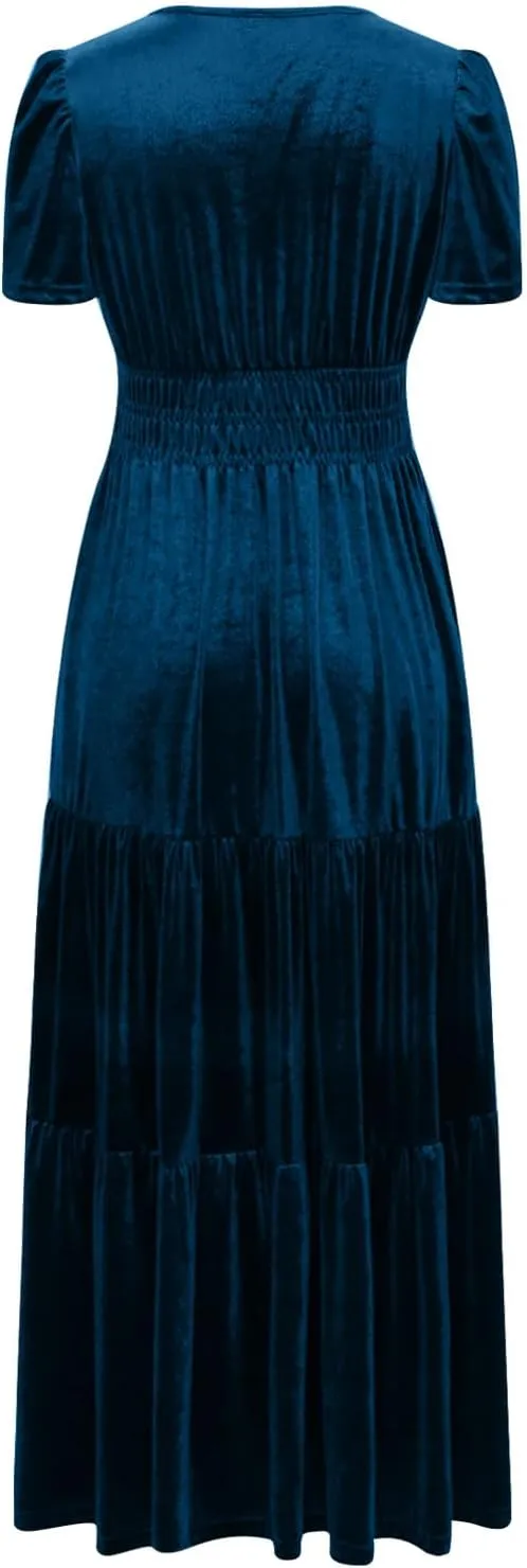 Women's Summer Vintage Velvet Dress Short Sleeve V Neck Elastic Waist Tiered Ruffle A-Line Flowy Maxi Dresses 2025