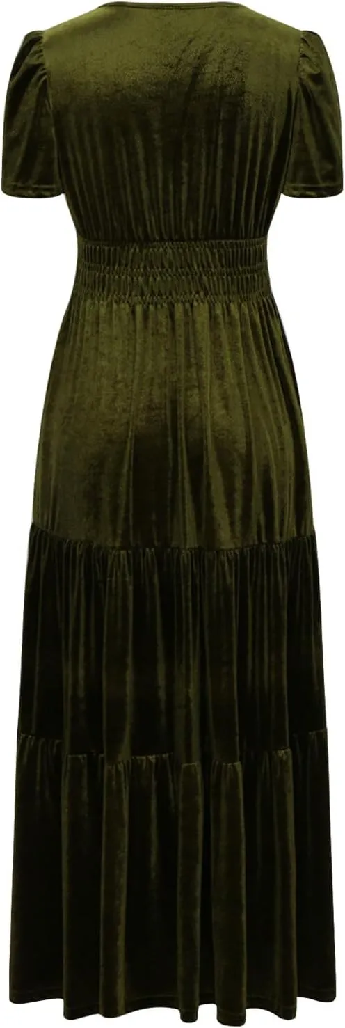 Women's Summer Vintage Velvet Dress Short Sleeve V Neck Elastic Waist Tiered Ruffle A-Line Flowy Maxi Dresses 2025
